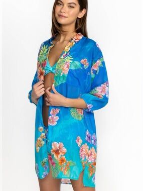 Johnny Was Water Tropic Cotton Silk Blend Button Down Shirt Dress / Small